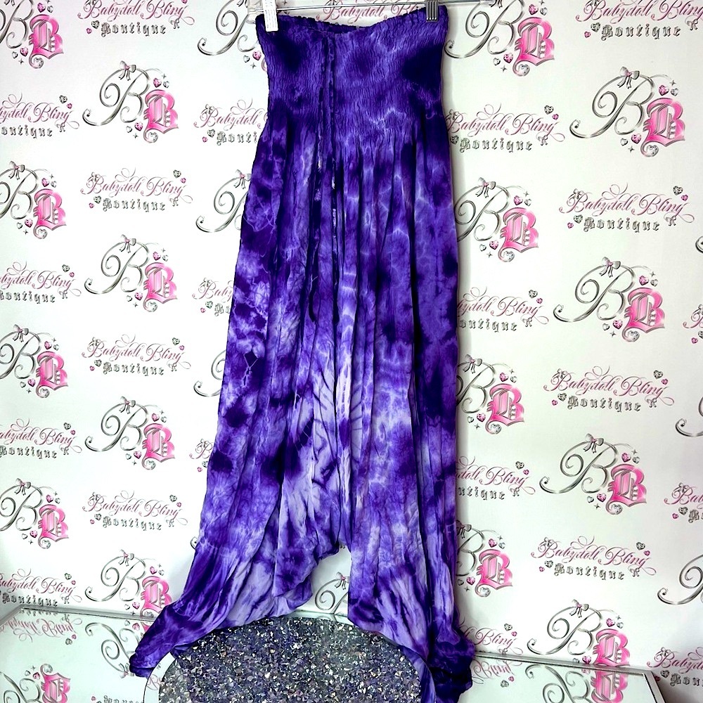 Harem pants Purple Tie-Dye stretch smocked with waist tie up detail
